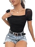 GORGLITTER Damen Mesh T-Shirt mit Rüschen Durchsichtiges Kurzarmshirt Elegant Oberteile Schwarz S
