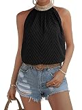GORGLITTER Neckholder Oberteil Damen Bluse Elegant Blusentop Durchsichtige Spitzen Top Ärmellose Bluse Sommer Blusenshirt Schwarz L