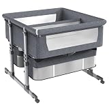 Cashwise Zwillingswiegen für Babys, Doppel-Beistellbett für Zwillinge, Doppel-Beistellbett für Zwillinge, Beistellbett für Kleinkinder, am Bett zu befestigen, mit Rädern und Aufbewahrungskorb,Grey