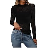 Durchsichtige Oberteil Damen Sheer Mesh Langarmshirt Top Sexy Spitzen Blumenmuster Stehkragen Netzoberteil Langarm Transparentes Layering Tops Frauen Casual Netz Shirts Bluse Tunika Party (Black, L)