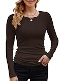 DUOEASE Langarmshirt Damen Basic Longsleeve Elegant Langarm Oberteile Rippshirt Tshirts Tops（Braun,S