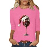 Mrat Damen Xmas Sweatshirts Tops UK Sale Clearance Red Wine Glass Printed Tops Round Neck Long Sleeve Blouse Pullover Funny Xmas Tree Christmas T Shirt Ladies Loose Casual Jumper Party Prom Holiday,