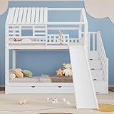 Etagenbett mit Treppe und Rutsche, Hausbett, Treppe mit Stauraum, Rahmen aus Kiefernholz und MDF, Kinderbett mit Fenster und Dach, mit Fallschutzgitter und Schublade, Weiß, 90x200cm*2