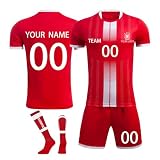 Personalisiertes Fußball Trikot Kinder Personalisiert Trikot mit Namen Nummer Team und Logo Sporttraining T-Shirts und Shorts für Erwachsene/Kinder, Fußballtrikot Set für Jungen Herren Trik