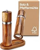 Salz und Pfeffermühle aus Akazienholz mit Untersetzer - Nachhaltiges FSC® Holz - Langlebiges Keramikmahlwerk - Plastik
