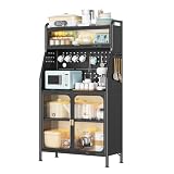 Küchenschrank Mehrzweckschrank Aufbewahrungsschrank mit Verstellbaren Regalen, Mikrowellenschrank mit Sichtbarer Tür und Kabelloch, Zeitgenössischer Stil Schw