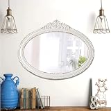 Sintosin Vintage Spiegel Oval 60 x 47 cm, Barock Antik Dekorative Wandspiegel Weiß, Shabby Chic Spiegel Holz, Landhausstil Hängespiegel für Wohnzimmer, Badezimmer, F