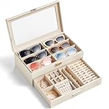Lifewit 2 Ebenen Schmuckkästchen mit Glasdeckel, Brillenbox für 7 Sonnenbrillen, Schmuck Organizer, Damen Schmuckkoffer für Ringe, Ohrringe, Halsketten und Uhren Cremeweiß