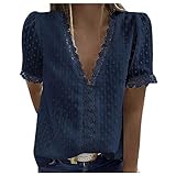 Briskorry Damen Bluse Spitzen V Ausschnitt Hemd Elegant Kurzärmel Tunika Oberteile Lose Plus Size Chiffon Hemdbluse Sexy Einfarbig T-Shirt Lässige Chic Modern Blusentop