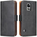 Bozon Galaxy S5 Hülle, Leder Tasche Handyhülle für Samsung Galaxy S5 (S5 Neo) Schutzhülle Flip Wallet mit Ständer und Kartenfächer/Magnetverschluss (Schwarz-Grau)
