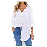 REINNAT Damen Langarm Blusen Casual Lace Up Button Revers Shirt Lose Seite Knotenshirt Stilvolles Revers Shirt, weiß, XXX-Larg