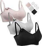HOFISH Still-BHs für die ganze Brust, nahtlos, mit extra BH-Verlängerungen und Clips, 3 Stück, Schwarz/Grau/elegantes Rosa, Larg