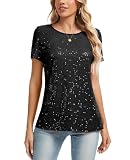 MINTLIMIT Rundhals Oberteil Damen Pailletten Glitzer Tops Cap Ärmel T-Shirt Beiläufig (Schwarz L)