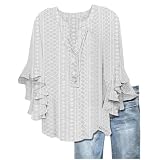 Blitzangebote Bluse Damen Sommer Einfarbig T-Shirt 3/4-Arm Tshirt V-Ausschnitt Rüschen Ärmel Oberteile Elegant Lochstickerei Blusentop Lockere Pullover mit Eyeletmit Knopfleiste Streetw