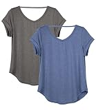 icyzone Damen Rückenfrei Yoga T-Shirt Kurzarm Sport Freizeit Tops Lose V-Ausschnitt Shirt, 2er Pack (XL, Dunkelgrau/Grau-blau)