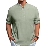 Henley-T-Shirt für Herren, V-Ausschnitt, Baumwolle, kurzärmelig, Sommer, lässig, Muskel, schmale Passform, Knopfleiste, groß und hoch, modisches Hemd, grün, L