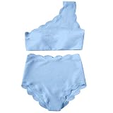 Damen-Vintage-Badeanzug mit hoher Taille, zweiteilig, EIN Schulter-Bikini mit Muschelsaum T Shirt Anthrazit H