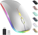 Kabellose LED-Maus, wiederaufladbar, schlank, leise, 2,4 G, tragbare mobile optische Büromaus mit USB- und Typ-C-Empfänger, 3 einstellbare DPI für Notebook, PC, Laptop, Computer, Desktop (Silber)