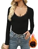 Crewhpo Thermoshirt Damen Langarm Top mit Spitze Oberteile V-Ausschnitt Langarmshirts Thermohemd für Frauen Einfarbiges T Shirts mit Tiefem Ausschnitt Schw