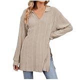 Shirts Damen Lose Langarm Oberteile Casual V-Ausschnitt Pullover Elegant Lassig Tops Einfarbig Lockere Bluse Freizeit Leichte Lang