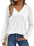 Pawate Damen Langarmshirt Spitze V-Ausschnitt Oberteile Langarm Shirts Herbst Basic Tops Tunika(Weiß/M)