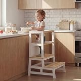 Spielwerk® Lernturm ab 2 Jahren Kinder mit Tafel Montessori 93cm Hoch Learning Tower 100kg Belastbar Trittschemel Kiefer Lernstuhl Küche Weiß H