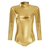 Ballettanzug Damen Frauen Langarm Body Ballett Trikot Turnanzug Gymnastikanzug Tanzen Bodysuit Tanztraining Gymnastik Kostüm Einteiler Metallic One Piece Leotards Oberteile Gold M