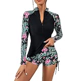 PANGHUBO Damen-Badeanzug, langärmelig, 2-teilig, Tankini-Set, Badeanzug, Strand, Monokini, Badeanzug, Blumendruck, Bademode mit Shorts, Tankini-Top und Shorts, a, S