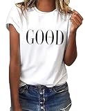 heekpek Sommer T-Shirt Damen Basic T Shirt Bedrucken Rundhalsausschnitt Weiß Oberteile Baumwolle Casual Damen Kurzarm Bluse Tops, Good, M