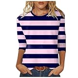Damen T-Shirt 3/4 Arm Oberteile Tops Rundhalsausschnitt Gestreift Druck Sommershirts Elegant Freizeit Leicht Und Luftig Klassischer Loose Langarmshirt T-Shirt Dunkelblau XXL