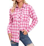 Timuspo Damen Flanellhemden Kariertes Hemdbluse Knopfleiste Langarm Bluse Karo Hemd Tunika Oberteile mit einstellbare Ärmeln Freizeithemd Casual Tops Weiß Rosa L