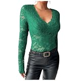 Damen Sexy Netzoberteil Top Durchsichtiges Oberteile Mesh Sheer Shirt Spitzentop V Ausschnitt Transparentes Durchsichtige Schmale Passform Y2K Clubwear Party Top Damen Langarm Bluse (Dark Green, S)