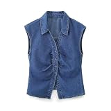 Damen Plissiertes Deko-Shirt, ärmellos, lässig, All-Match - Blau - XS