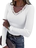 Eniloyal Langarmshirt Damen Longsleeve Shirts Langarm Eng Pullover Herbst Gerippt V Ausschnitt Oberteile Elegant Basic Tshirt Weiss M