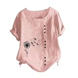 HOOUDO Sale Angebote Sale Angebote Modisches Damen-T-Shirt aus Baumwolle und Leinen mit kurzen Ärmeln und Knöpfen und Rundhalsausschnitt mit -Print Damen Klamotten Sexy LAN Sale Angebote Bestellung