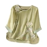 Leinenbluse Damen Sommer 3/4 Arm Boho Besticktes Bluse Kurzarm Musselin Leinenshirt V Ausschnitt Oberteile Elegant Baumwolle Leinen Tshirt Sommerbluse Leicht Luftig Tunika Tops Casual Vintag