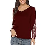TRIGLICOLEUM Pullover Damen Elegant Pailletten Patchwork Langarmshirt Glitzer Oberteile Langarm V-Ausschnitt Bluse Festliche Tops Einfarbig Basic Shirt Party Tunika Winter Leichte Longshirt Long