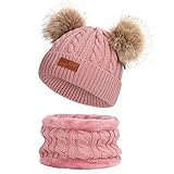 URSING Baby Strickmütze Kinder Mädchen Jungen Warme Stricken Hüte Mützen Wolle kappe Wintermütze Winterhüte Kindermütze Kopfbedeckung Bommelmütze Pudelmütze Häkelmütze (One size, Hot Pink)
