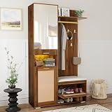 MAMAINI Garderoben-Set mit Spiegel, Kleiderschrank-Set, 6 goldenen Kleiderhaken, Schuhschrank, Wandgarderobe, oberem Stauraumfach, Sitzbank, 16-Farbiger LED-Beleuchtung, Walnuss, Weiß