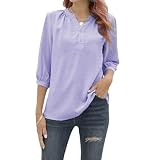 Damen T-Shirt mit Blumen Ball Half Ärmeln Knöpfen Einfarbige V Ausschnitt Tops Casual Sommer Lockere Baumwolle Blusen (Hellviolett,M)
