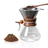 Pour Over Kaffeemaschine, 400ml Kaffeemaschine Karaffe Kaffeefilter Kaffee Edelstahl Handfilter, Hand Kaffee Handfilter aus Glas mit Permanentfilter, Kaffee Zubehör für 1-2 T