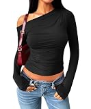 Navneet Crop Tops Damen Schulterfreies Oberteil Langarmshirts Off Shoulder Ruched Asymmetrisch Top Party Herbst Schwarz M