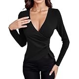 Damen-Oberteil, Einfarbig, V-Ausschnitt, Asymmetrisch, DREI Knöpfe, Sexy, Schmal Geschnitten, Langärmelig Stoffmantel Damen T Shirt Damen B