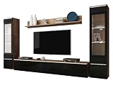 Mirjan24 Wohnwand Doppo II, Schrankwand, griffloses Öffnen, Anbauwand, Fernsehschrank, Mediawand, Wandregal, TV-Lowboard, 2X Hängevitrine (Wotan/Schwarz Hochglanz, mit weißer LED Beleuchtung)