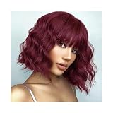 Yinj9562fg Perücke Damen Rote Kurze, tief gewellte Bob-Perücke aus 100% Echthaar mit Pony for Frauen Perücken(20inches)