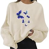 Sweater Damen e Schule Lang Gummizug Sweatshirt Falter Rundhals Langen Ärmel Oberteile Damen Dünne Lauschig Lustige Beig