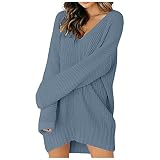 SumLeiter Damen strickkleider lässig einfarbig lässig pullikleid V-Ausschnitt Sweater Kleid Locker Jumper pulloverkleider elegant Minikleid Wickelkleid Mode Stricksweat Strickpullover Winterk