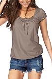 Brosloth Damen Sommer Tshirt Kurzarm Shirts Rundhals Oberteile Tops Einfarbige t-Shirts mit gerafftem Ausschnitt Taupe XL