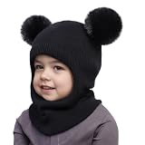 Wintermütze Kinder mit Bommel Schalmütze Fleece Gefüttert Mütze Baby Beanie Jungen Mädchen Schlupfmütze Winter Stricken Wintermütze Niedlich Weiche Strickmütze Hut für Kleinkind Kinder 2-6 J