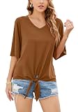 SUEANI Damen-Tops mit Schnürung vorne, Sommer, V-Ausschnitt, 3/4 Glockenärmel, gedrehtes Knotenshirt, Vg Caramel, X-Larg